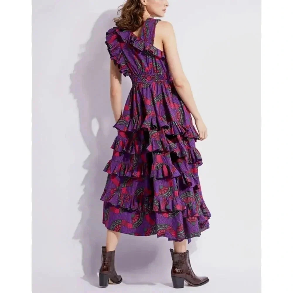 NWT Ulla Johnson IMOGEN Purple Print Ruffle Asymmetrical Midi Dress Size… - Picture 7 of 16